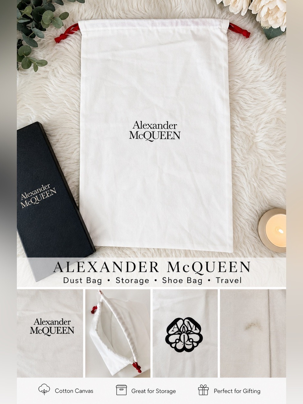 Alexander McQueen Large White Dust Bag Red Drawstring Shoe Bag Storage